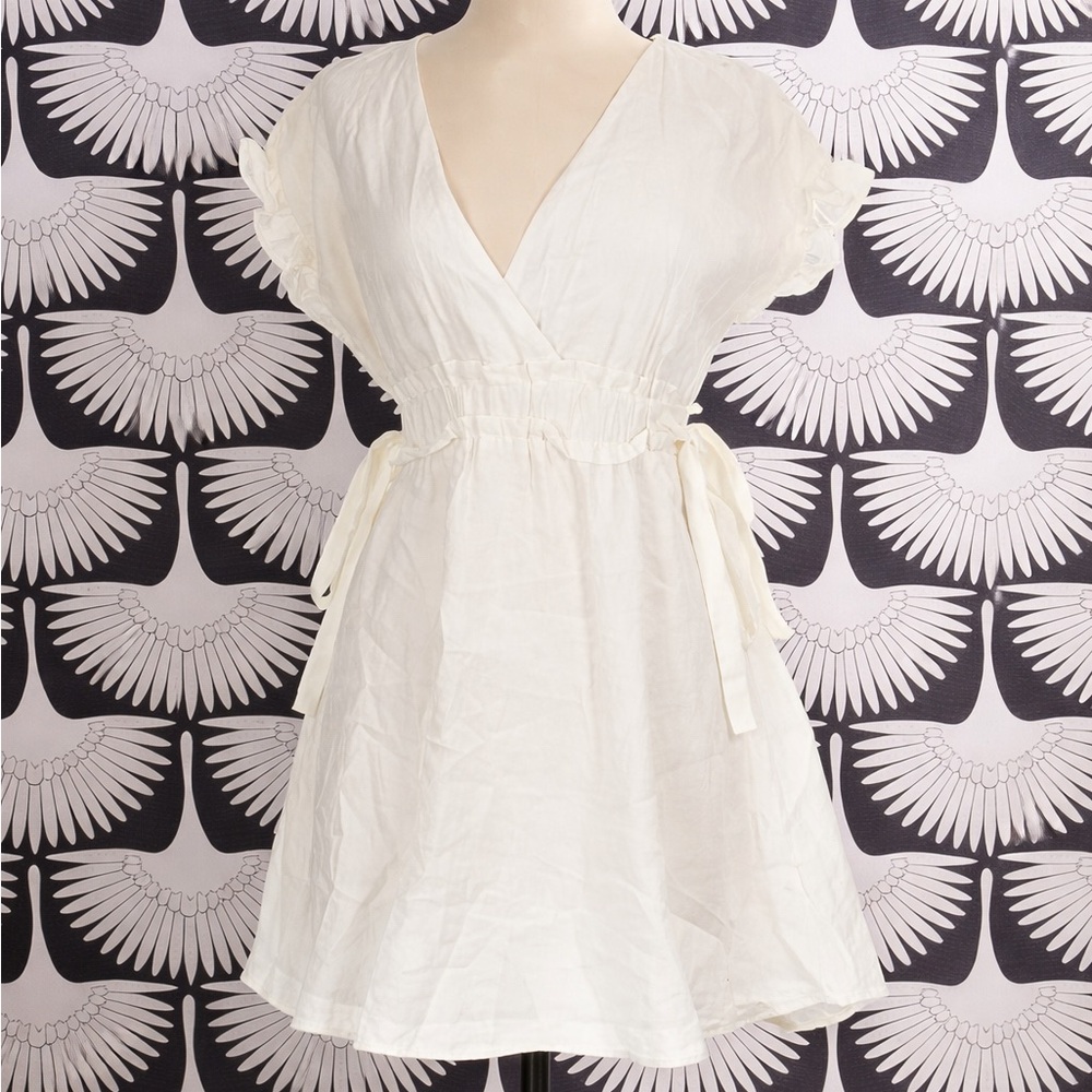 Zara White V-Neck Mini Dress with Ruffle Waist & Side Bows – Size Small
